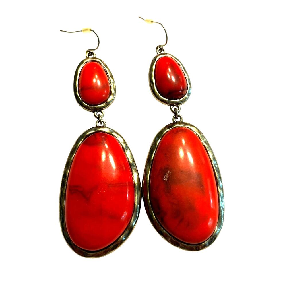 Pierced earrings orange red & goldtone drop dangle style mod abstract statement